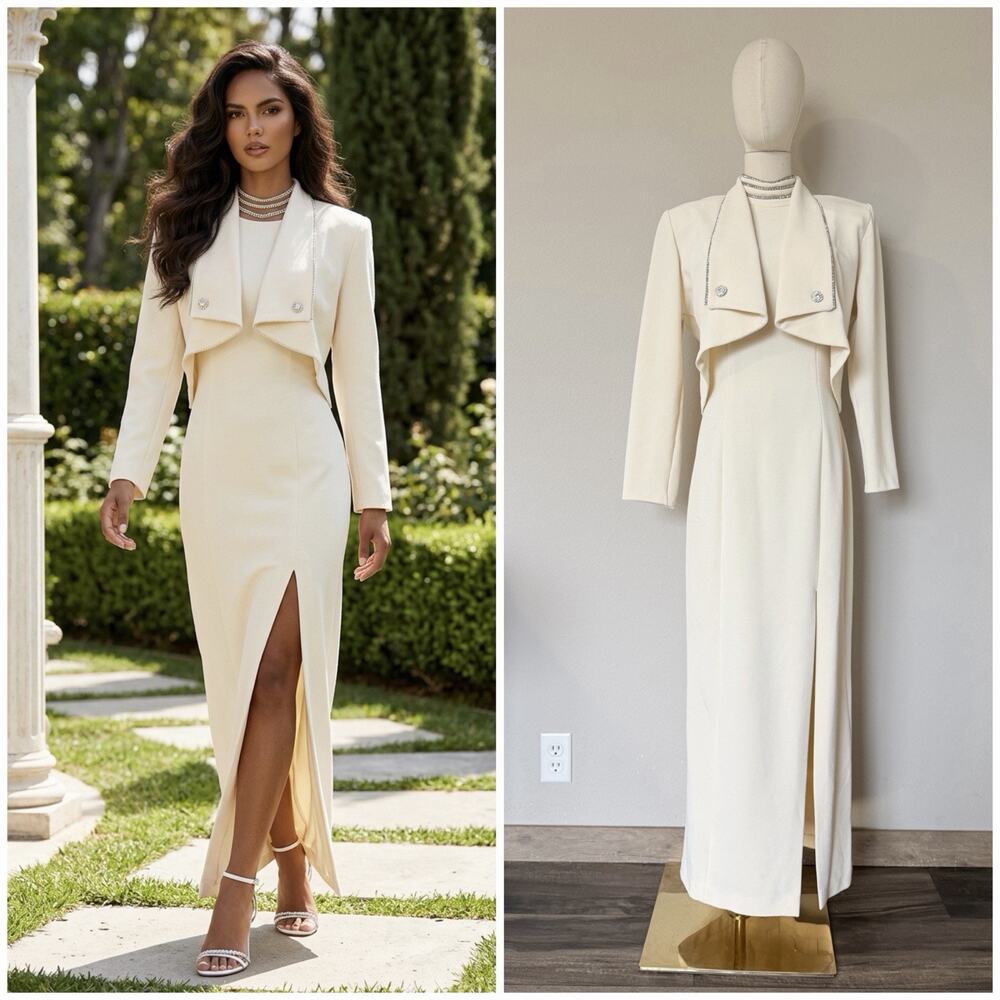 VTG 80s STEFANYSZYN M Ivory Halter Maxi Dress Gown Jacket Set Crystal Trim